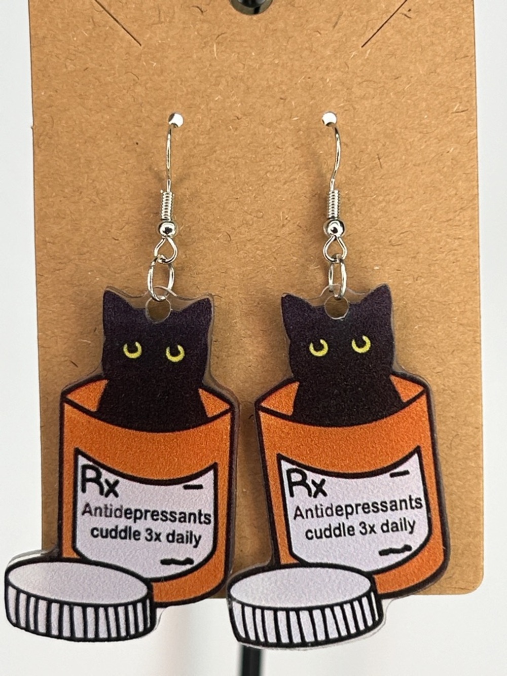 Black Cat in Orange Pill Bottle Earrings “Antidepressants cuddle 3x daily”